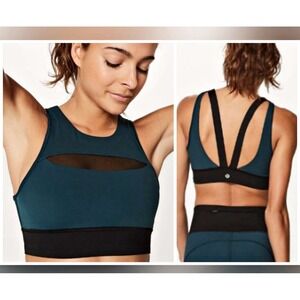 LULULEMON Run The Day High Neck Sports Bra Sz 2 SubmarineBlack Mesh Longline Top